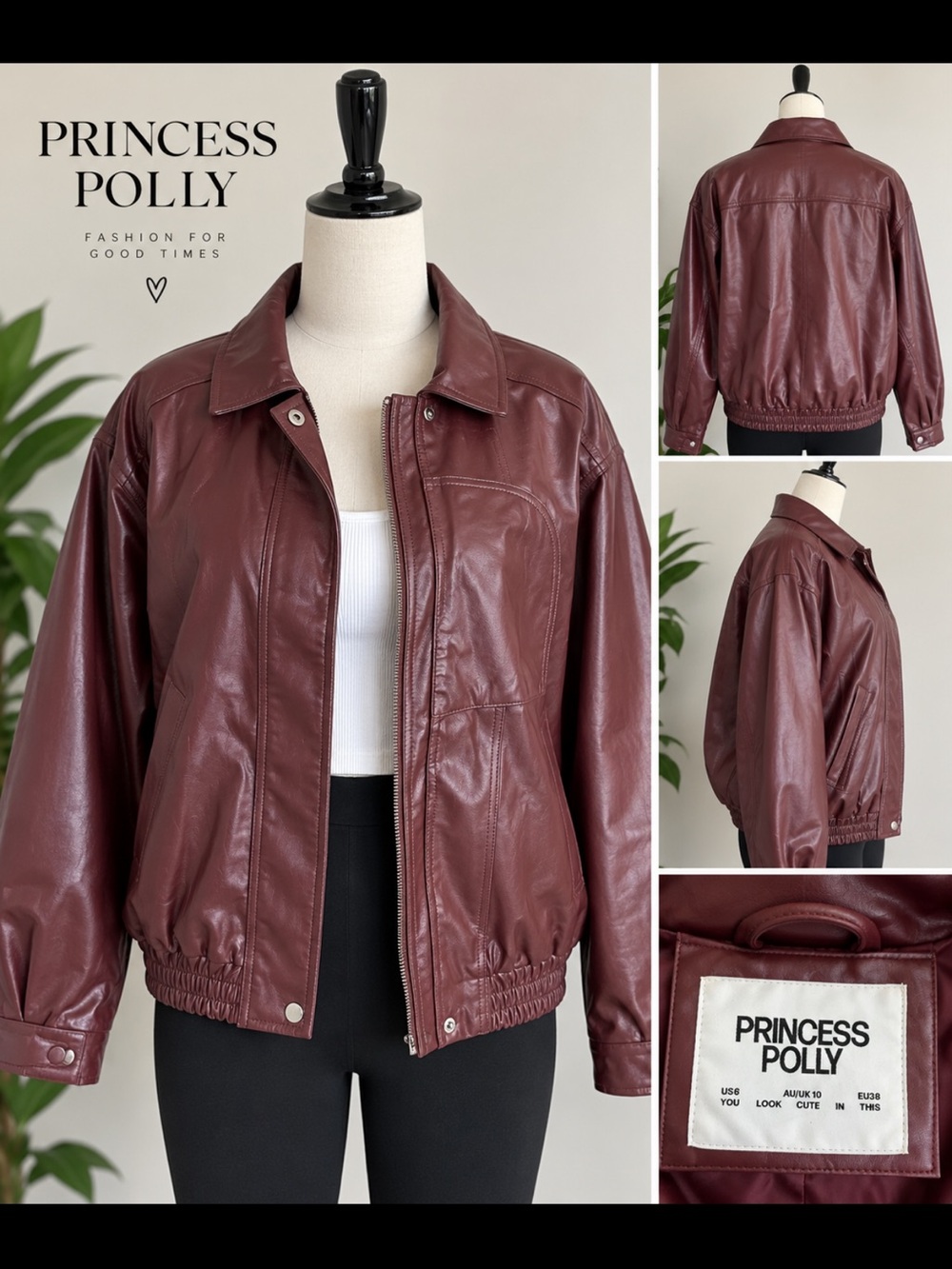 Princess Polly Burgundy Faux Leather Bomber Jacket